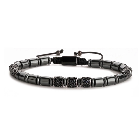 Men Matte Black Stone Beaded Bracelet Micro Pave Zircon Metal Spacers Adjustable Braided Rope Fashion Jewelry