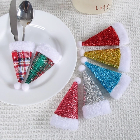 Mini Christmas Hats Tableware Holders Sequined Checkered Fabric Cutlery Covers Silverware Pocket For Party Dinner Decor