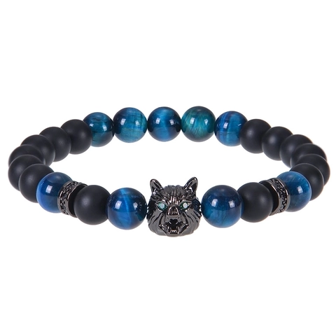 Natural Stone Beaded Bracelet Alloy Wolf Head Men Gothic Punk Fashion Jewelry Elastic Cord Tiger Eye Obsidian Map Stone