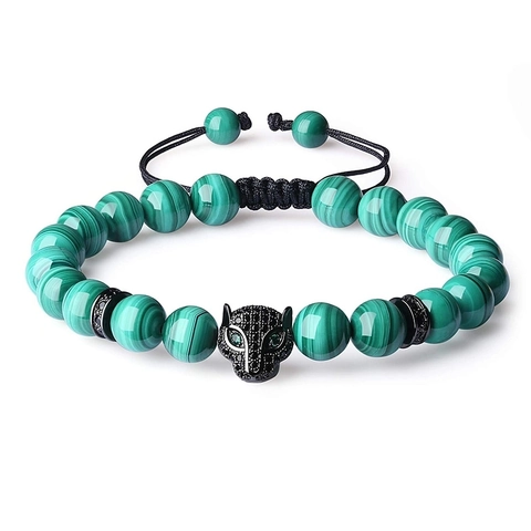 Beaded Bracelet Natural Stone Leopard Head Charm Adjustable Woven Rope Micro Pave CZ Fashion Jewelry For Men Women
