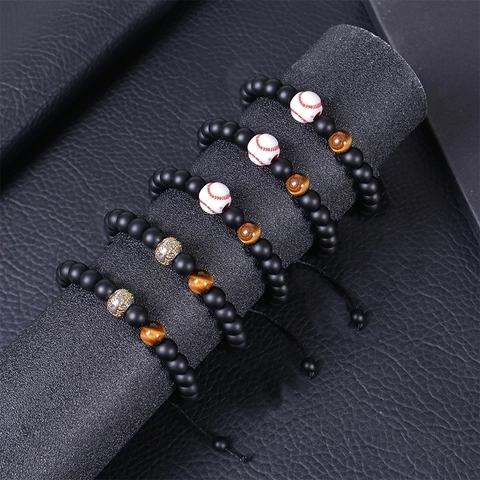 Baseball Sport Beaded Bracelet With Black Matte Stone Tiger Eye And Alloy Accents Adjustable Inspirational Gift