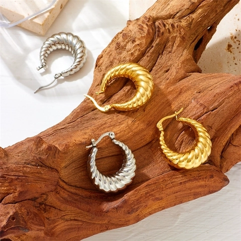 Croissant Hoop Earrings Stainless Steel Twisted Rope Design Vacuum Plated Fashion Minimalist Jewelry For Women