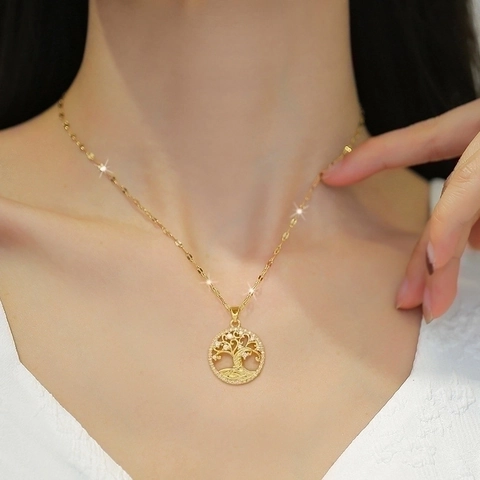 Tree Of Life Pendant Necklace Elegant Zircon Inlaid Copper Stainless Steel Clavicle Chain Jewelry For Women Gold