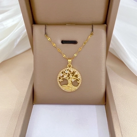 Tree Of Life Pendant Necklace Elegant Zircon Inlaid Copper Stainless Steel Clavicle Chain Jewelry For Women Gold