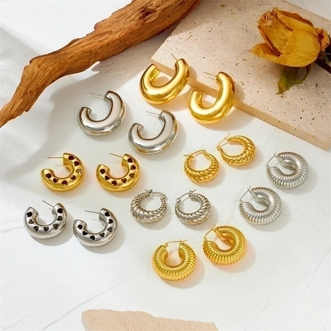 Chunky Hoop Earrings Stainless Steel Geometric C Shape Hollow Heart Spiral Hammered Metal Fashion Jewelry For Women