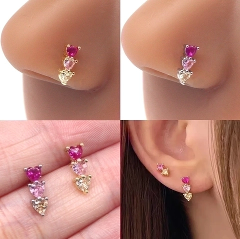 Triple Heart Nose Stud And Ear Cartilage Stud 316L Stainless Steel Copper Zircon Gradient Piercing Jewelry Women Men Punk Chic Style