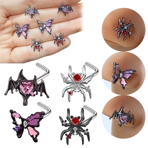 Stainless Steel Nose Stud L-Shape Gothic Punk Piercing Jewelry Rhinestone Spider Butterfly Bat Heart Shape Nose Ring Jewelry