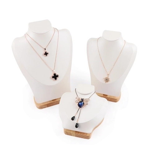 Necklace Display Stand Portrait Bust Model Wood Base Faux Leather Pendant Holder Jewelry Show Organizer High Quality