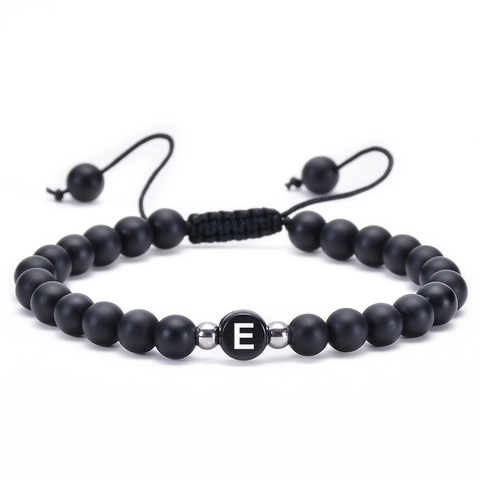 Matte Black Agate Initial Beaded Bracelet Natural Stone Letters Handwoven Adjustable Rope Jewelry For Couples Men Women