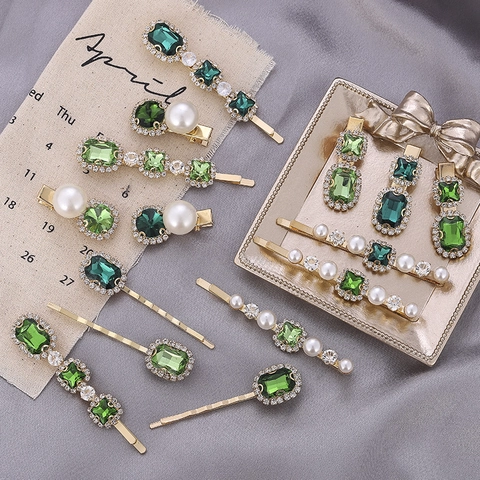 Fermagli Per Capelli Vintage Strass Verde Smeraldo Perla Artificial Sintetica Lega Dorata Forcine Retrò Geometriche Per Donne