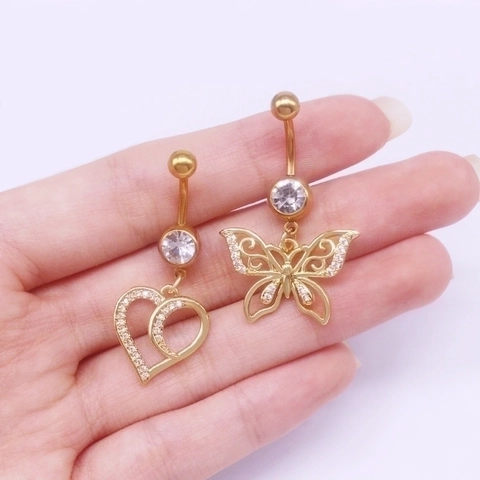 Belly Button Ring Navel Piercing Jewelry Stainless Steel Gold Rhinestone Dangle Heart Butterfly Cat Flower For Women