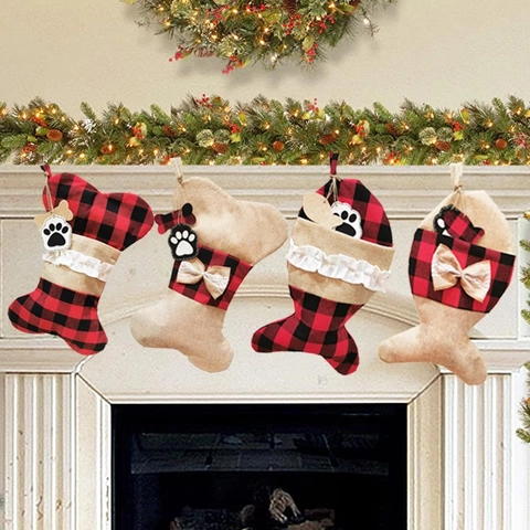 Pet Christmas Stockings Bone Fish Shape Buffalo Plaid Burlap Hanging Gift Bags For Fireplace Xmas Tree Holiday Decor
