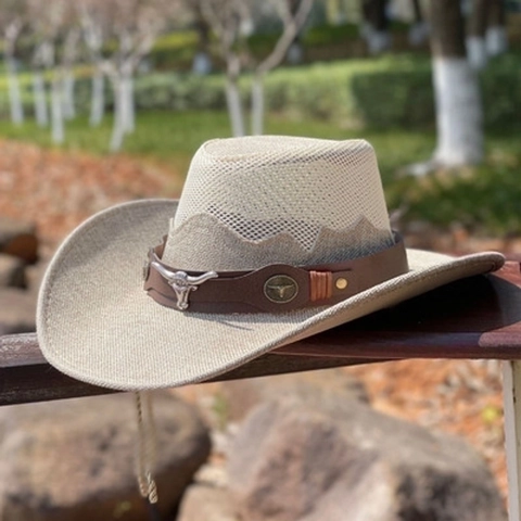 Western Cowboy Hat Straw Mesh Splicing Breathable Bull Head Leather Band Sun Protection Wide Brim Outdoor Beach Men Women