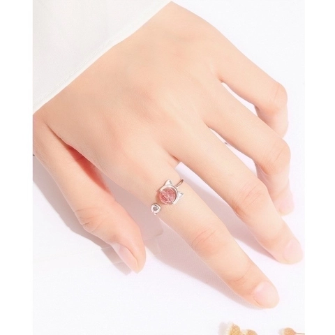 Süßer Katzenohr 925 Sterlingsilber Erdbeerquarz Offener Ring Für Damen Verstellbarer Rosa Edelstein Tier Schmuck Fingerring