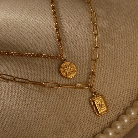 Collar De Capas De Acero Inoxidable Con Medalla De Octograma Redonda Y Colgante Rectangular Joyería Vintage Mujer
