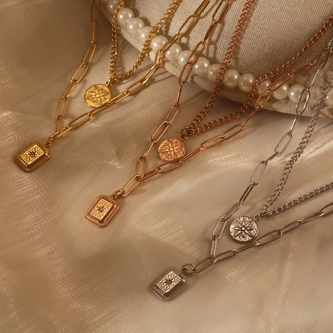Collar De Capas De Acero Inoxidable Con Medalla De Octograma Redonda Y Colgante Rectangular Joyería Vintage Mujer