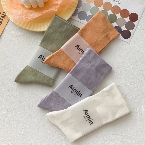 Damen Mid Calf Crew Socken Gekämmte Baumwolle Atmungsaktiv Einfarbig Morandi Weich Rippstrick Japanischer Stil Mode