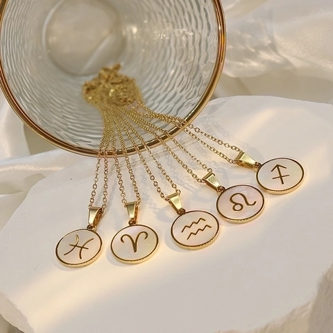 18K Gold Plated Stainless Steel Zodiac Signs Pendant Necklace For Women White Shell Round Medal Constellation Jewelry