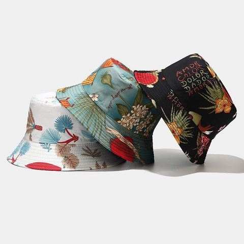Reversible Bucket Hat Cotton Tropical Plant Print Double Sided Sun Protection Wide Brim Outdoor Fisherman Cap Women