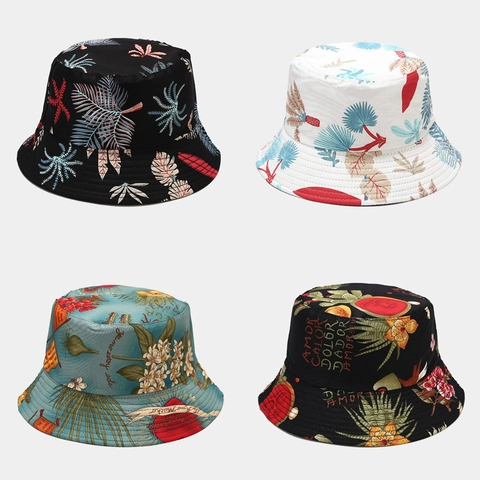 Reversible Bucket Hat Cotton Tropical Plant Print Double Sided Sun Protection Wide Brim Outdoor Fisherman Cap Women