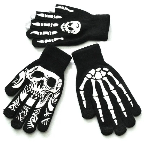 Gants Squelette Lumineux Halloween Tricot Phosphorescent Écran Tactile Motif Os De Crâne Style Gothique Pour Adultes Enfants