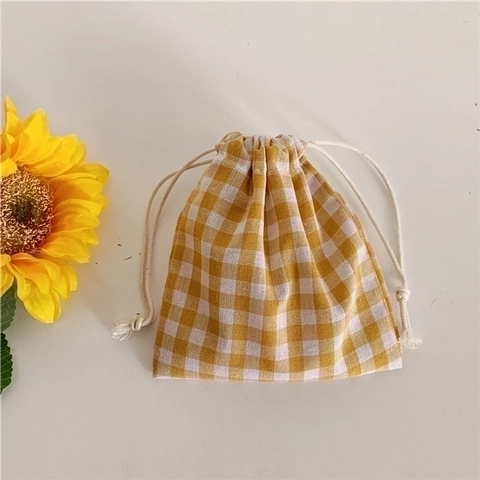 Checkered Drawstring Pouch Cotton Linen Storage Bag For Jewelry Makeup Organizer Fresh Simple Gingham Style Small Carry Case