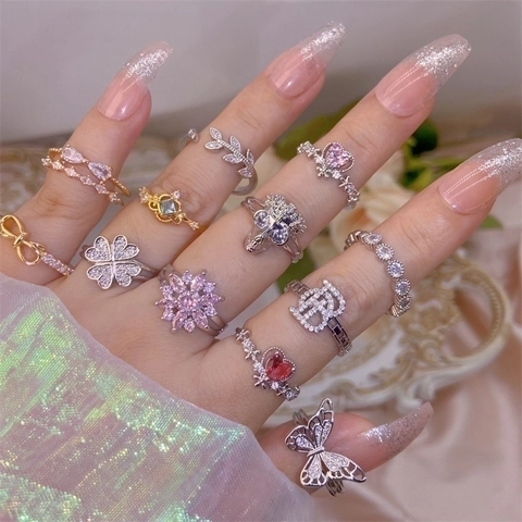 Adjustable Copper Rings For Women Elegant Zirconia Inlaid Butterfly Crown Leaf Fashion Open Finger Jewelry