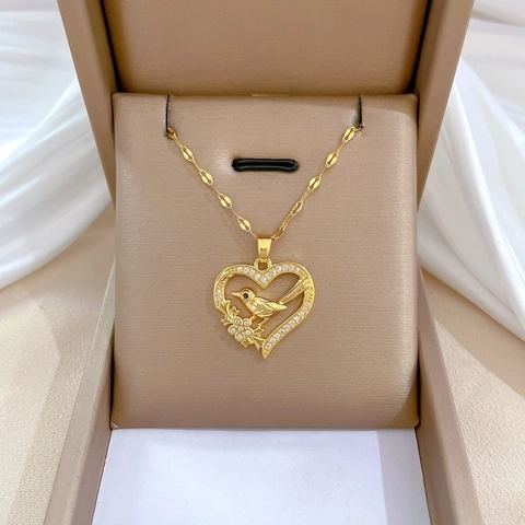 Heart Pendant Necklace With Bird On Branch Titanium Steel Chain And Zirconia Copper Luxury Banquet Jewelry For Women