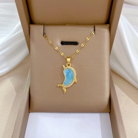 Collana Con Pendente Delfino In Smalto Blu Con Zircone Catena In Acciaio Inossidabile Rame Gioielli Dorati Per Donna