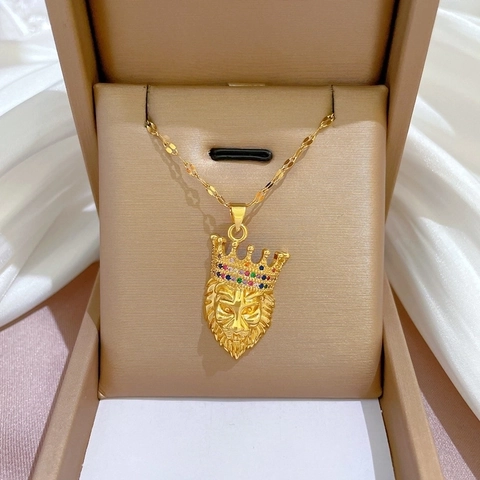 Lion Head Crown Pendant Necklace Stainless Steel Chain Colorful Zircon Inlaid Gold Plated Elegant Jewelry For Women