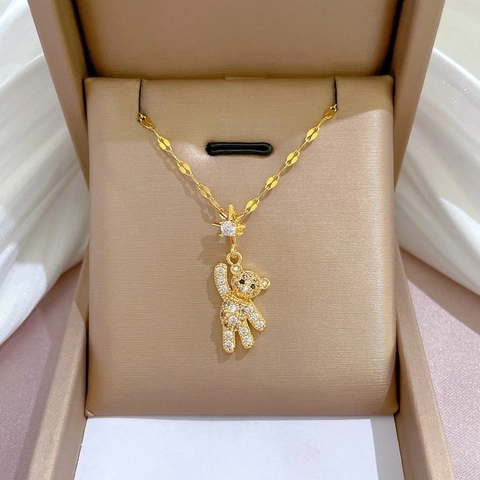 Goldbeschichtete Edelstahl Halskette Mit Funkelndem Strass Bären Anhänger Und Stern Schlüsselbeinkette Für Damen