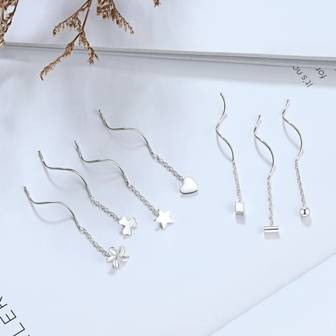 Boucles d'Oreilles Longues en Argent Sterling 925 Ligne d'Oreille à Pampilles Vagues Minimalistes pour Femmes Bijoux Géométriques