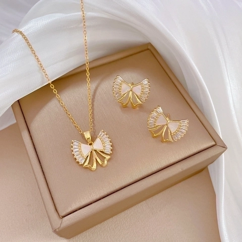 Bow Necklace And Earrings With Silver Earring Post White Shell Zircon Gold Plated Titanium Steel Jewelry