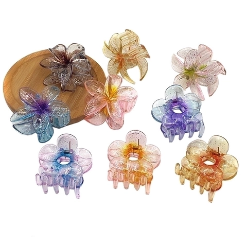 Molletta Per Capelli Fiore Frangipani Glitter Sfumato Trasparente Resina Acrilica Accessorio Elegante Per Donna