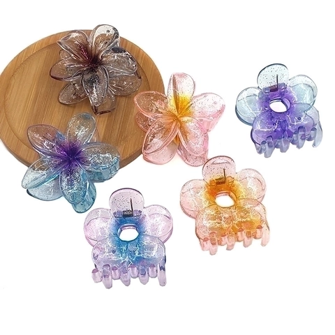 Molletta Per Capelli Fiore Frangipani Glitter Sfumato Trasparente Resina Acrilica Accessorio Elegante Per Donna