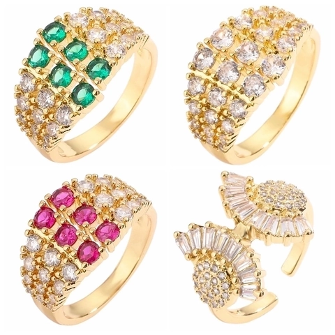 Bague Ouverte Géométrique en Cuivre Zirconia Mode pour Femme Luxe Minimaliste Large Bande Ajustable Plaqué Or Bijoux Cadeau