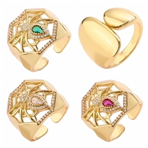 Spinne Netz Ring Kupfer Mikro Pave Zirkon Gotisch Halloween Punk Verstellbar Offen Band Mode Schmuck Damen Mädchen