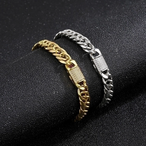 Collar De Cadena Cubana Titanio Acero Inoxidable Con Hebilla De Diamantes De Imitación Joyería Hip Hop Para Hombre