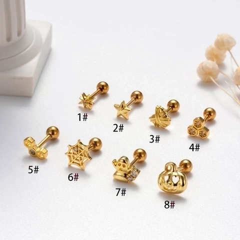 Halloween Cartilage Stud Earrings Stainless Steel Copper Zircon Pumpkin Ghost Spider Web Piercing Jewelry