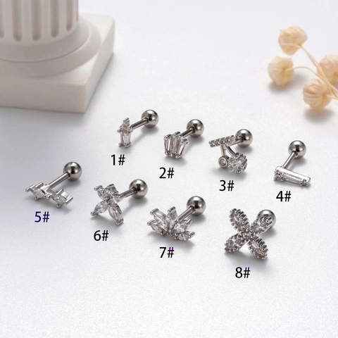Stainless Steel Cartilage Stud Earrings Copper Zircon Micro Inlaid Screw Back Piercing Jewelry For Women Various Shapes
