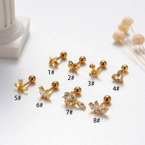 Heart Butterfly Cartilage Piercing Stud Earrings With Stainless Steel Post Copper Zircon Inlaid Screw Back Ball For Women