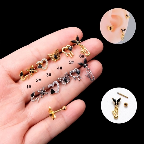 Stainless Steel Stud Earrings With Black Zircon Heart Butterfly Snake Screw Back Cartilage Piercing Jewelry