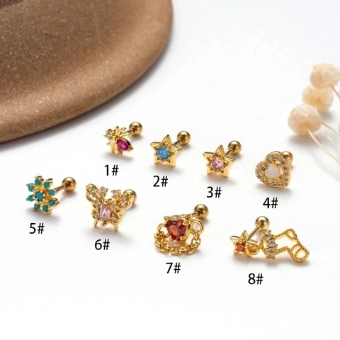 Stainless Steel Cartilage Stud Earrings Copper Micro Inlaid Colored Zircon Screw Ball Back Butterfly Star Heart For Women