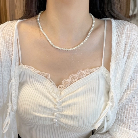 Collana Di Künstliche Perle Tonde Bianche Elegante Per Donna Catena Clavicola In Acciaio Inossidabile Gioielli