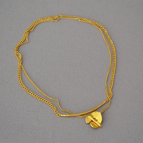 Collier Double Rangée en Laiton Plaqué Or Vintage Pendentif Floral Chaîne Longue de Pull Bijoux en Métal pour Femmes