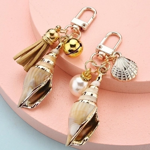 Conch Shell Keychain With PU Tassel Imitation Artificial Pearl And Bell Metal Scallop Charm Ocean Theme Bag Accessory Cute