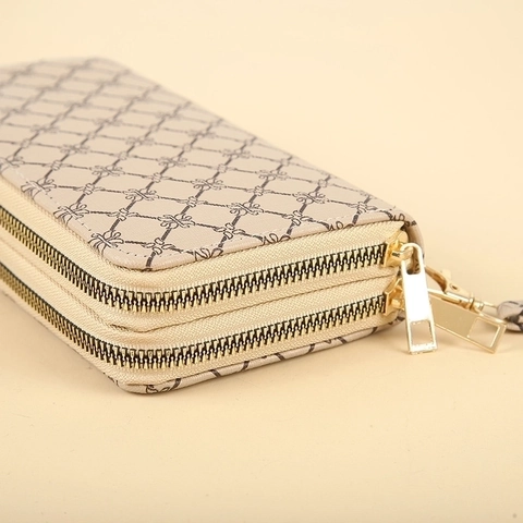 Langes Portemonnaie Damen PU Leder Doppelreißverschluss Große Kapazität Clutch Gedruckt Geometrisch Vintage Mit Handschlaufe