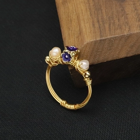 Handmade Wire Wrapped Ring For Women 925 Sterling Silver Freshwater Pearl Enamel Flower Ring 18K Gold Plated Vintage Jewelry