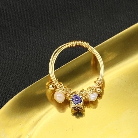 Handmade Wire Wrapped Ring For Women 925 Sterling Silver Freshwater Pearl Enamel Flower Ring 18K Gold Plated Vintage Jewelry