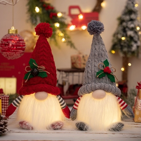 Christmas Gnome Plush Doll Knitted Hat LED Lighted Desktop Decoration Holiday Ornament Swedish Tomte